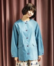 GJJDD31330 Jocomomola(ホコモモラ) 裏地プリント  ノーカラーミドル丈コート ブルー