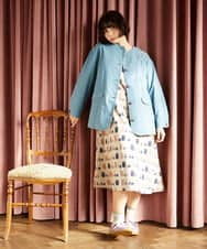 GJJDD31330 Jocomomola(ホコモモラ) 裏地プリント  ノーカラーミドル丈コート ブルー