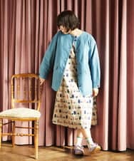 GJJDD31330 Jocomomola(ホコモモラ) 裏地プリント  ノーカラーミドル丈コート ブルー