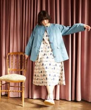 GJJDD31330 Jocomomola(ホコモモラ) 裏地プリント  ノーカラーミドル丈コート ブルー