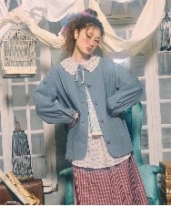 GJJDD31330 Jocomomola(ホコモモラ) 裏地プリント  ノーカラーミドル丈コート ブルー