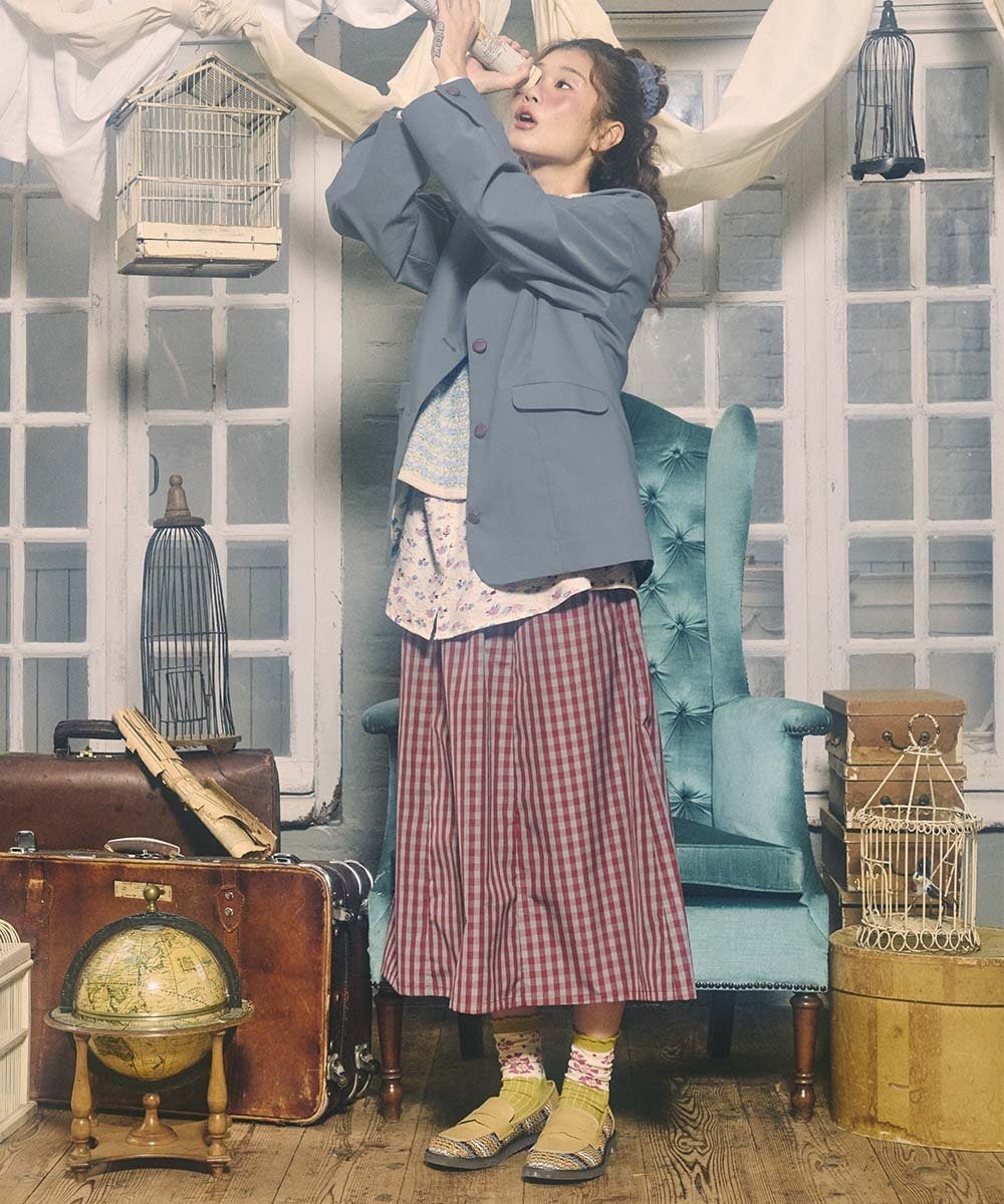 GJJDD31330 Jocomomola(ホコモモラ) 裏地プリント  ノーカラーミドル丈コート ブルー