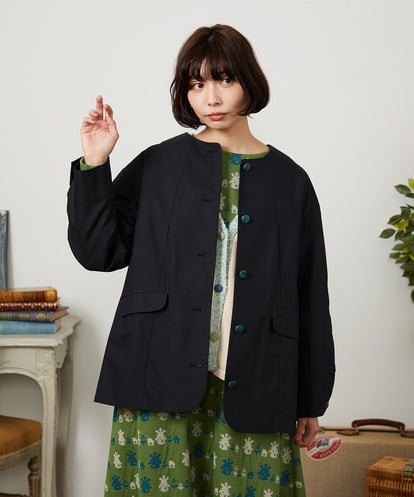 GJJDD31330 Jocomomola 裏地プリント  ノーカラーミドル丈コート