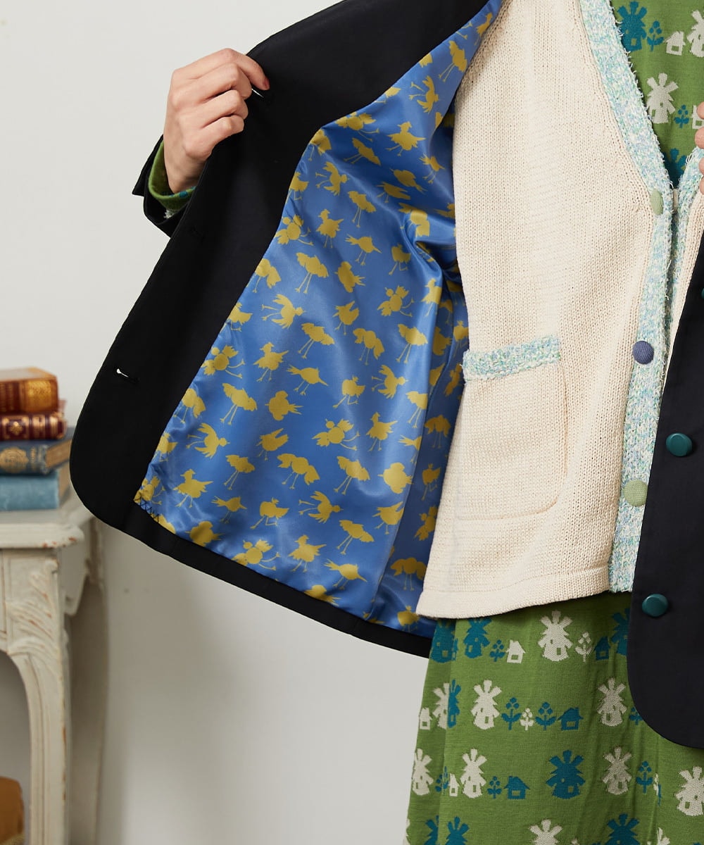 GJJDD31330 Jocomomola(ホコモモラ) 裏地プリント  ノーカラーミドル丈コート ブラック