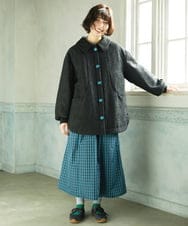 GJJDD37360 Jocomomola(ホコモモラ) Linea フラワージャカード 中綿入りコート ブラック