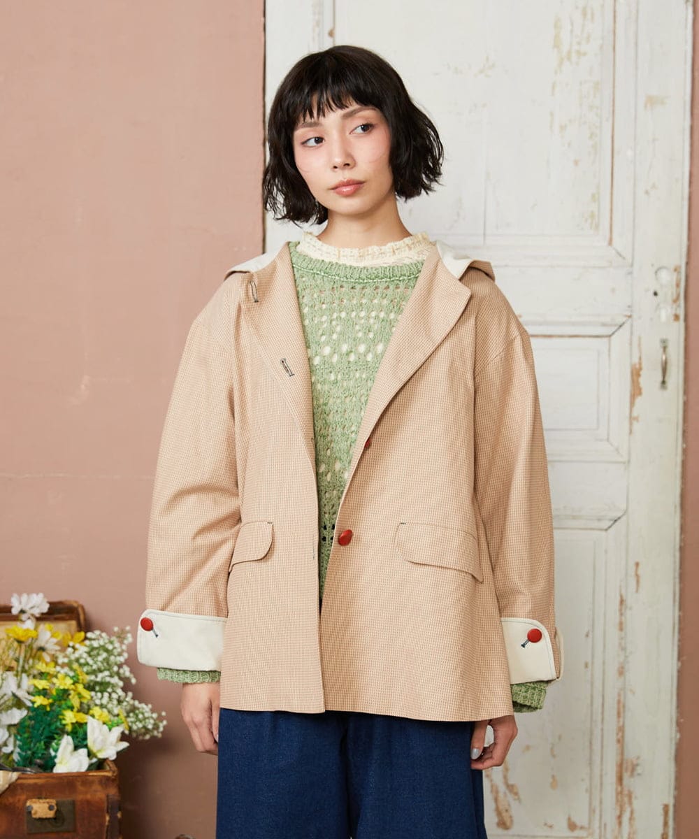 GJJDE43350 Jocomomola(ホコモモラ) Chorlito 千鳥チェックフード付きジャケット ベージュ