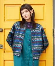 GJJJE03330 Jocomomola(ホコモモラ) Pincelade ジャカードボーダーノーカラージャケット ネイビー