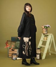 Estarcido フラワーアップリケノーカラーロングコート(ノーカラー