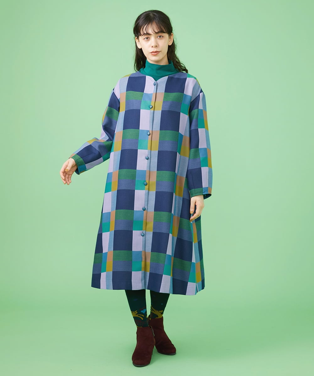 GJJLS03330 Jocomomola(ホコモモラ) Escaleras チェック ワンピースコート ブルー