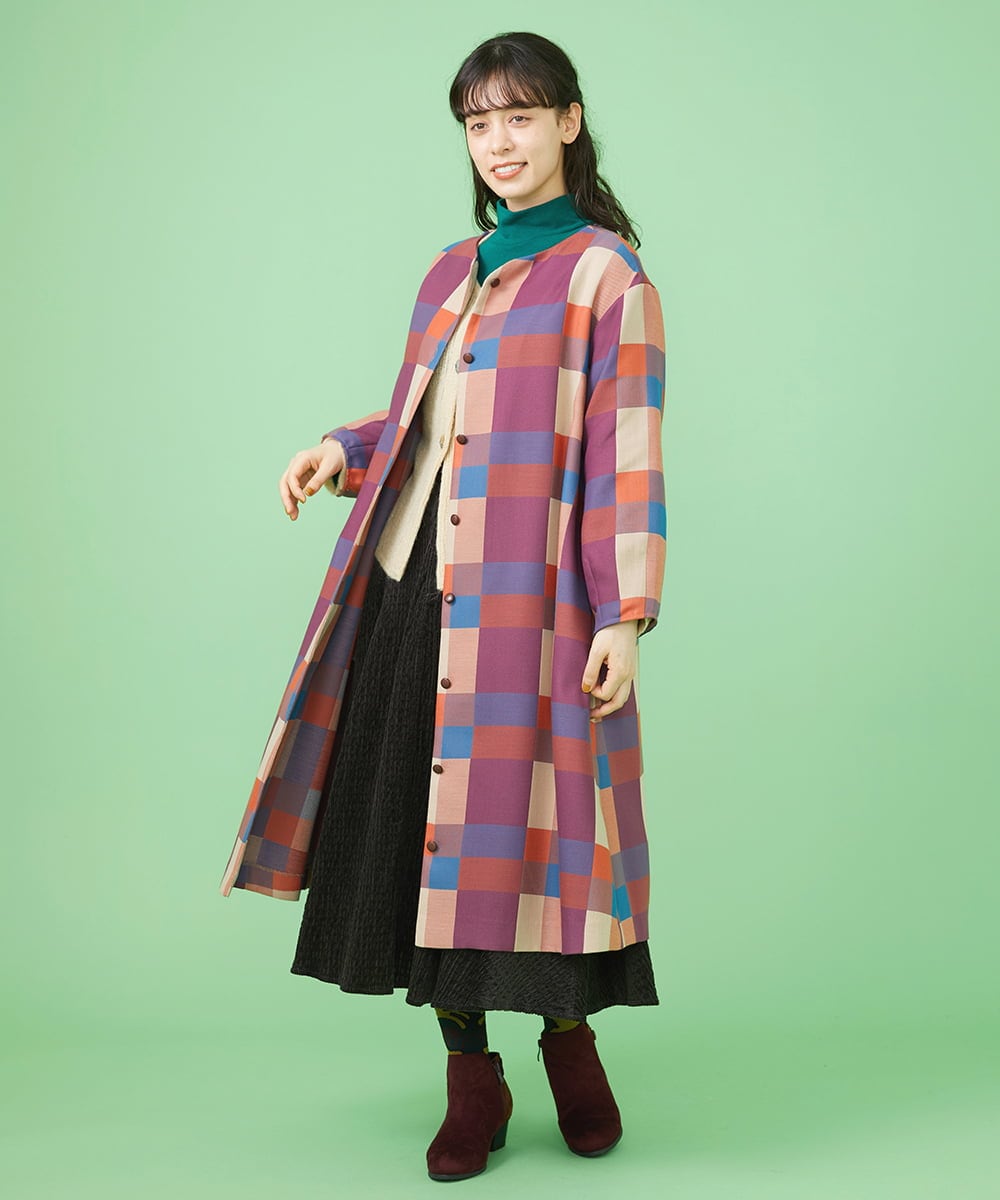 GJJLS03330 Jocomomola(ホコモモラ) Escaleras チェック ワンピースコート ブルー