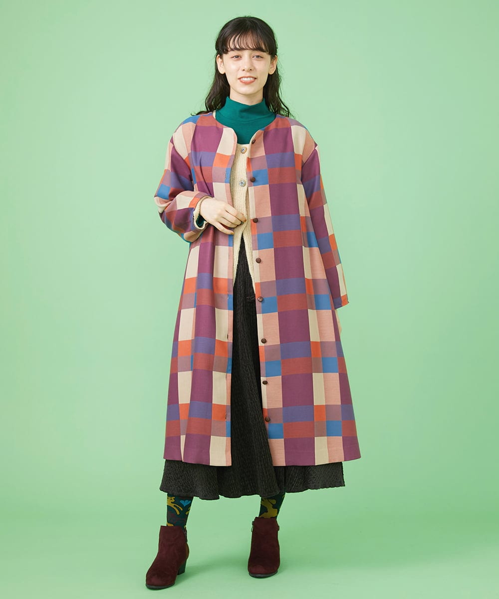 GJJLS03330 Jocomomola(ホコモモラ) Escaleras チェック ワンピースコート ブルー