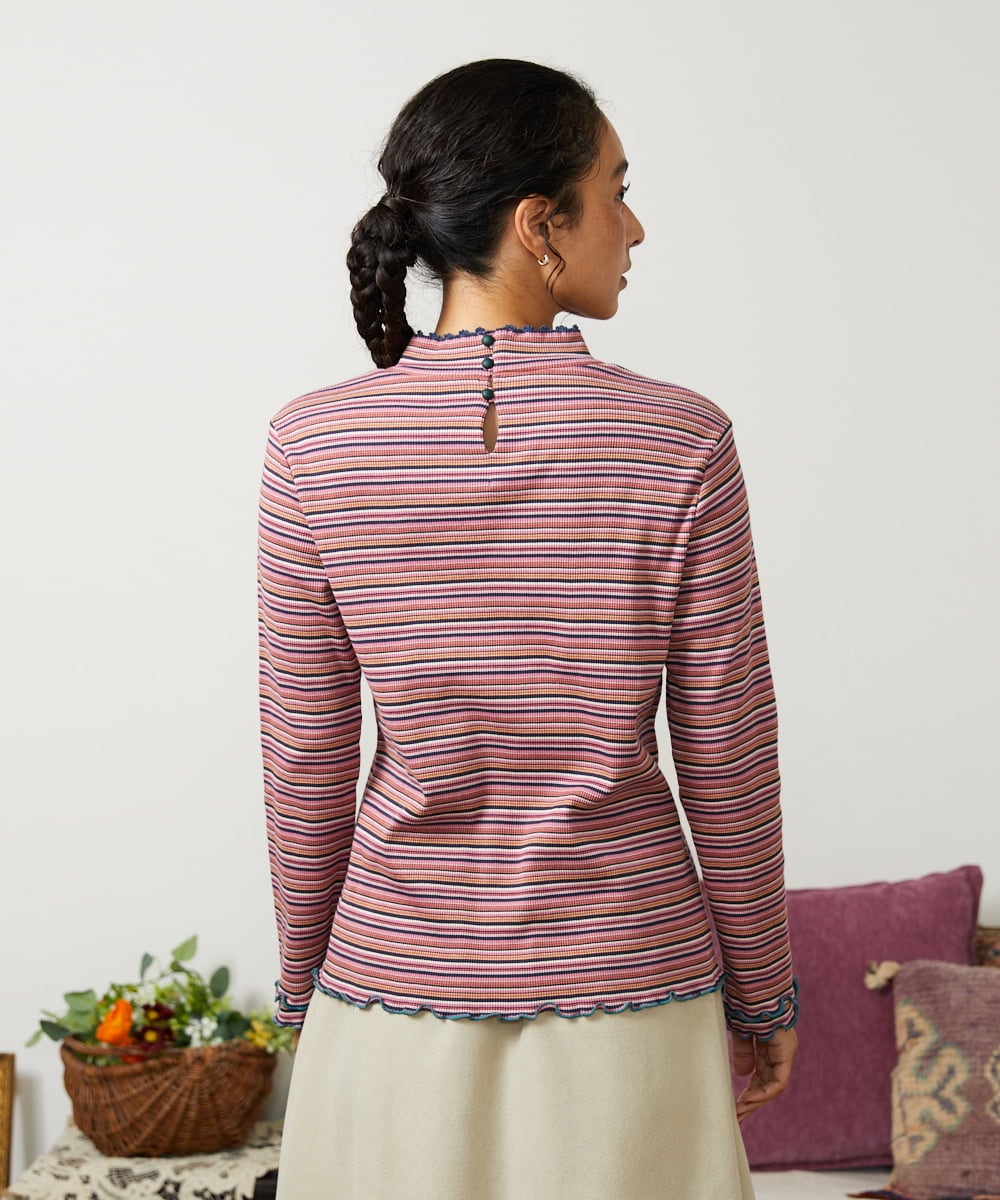 GJKCD31130 Jocomomola(ホコモモラ) Dentado ボーダーハイネックカットソー ピンク