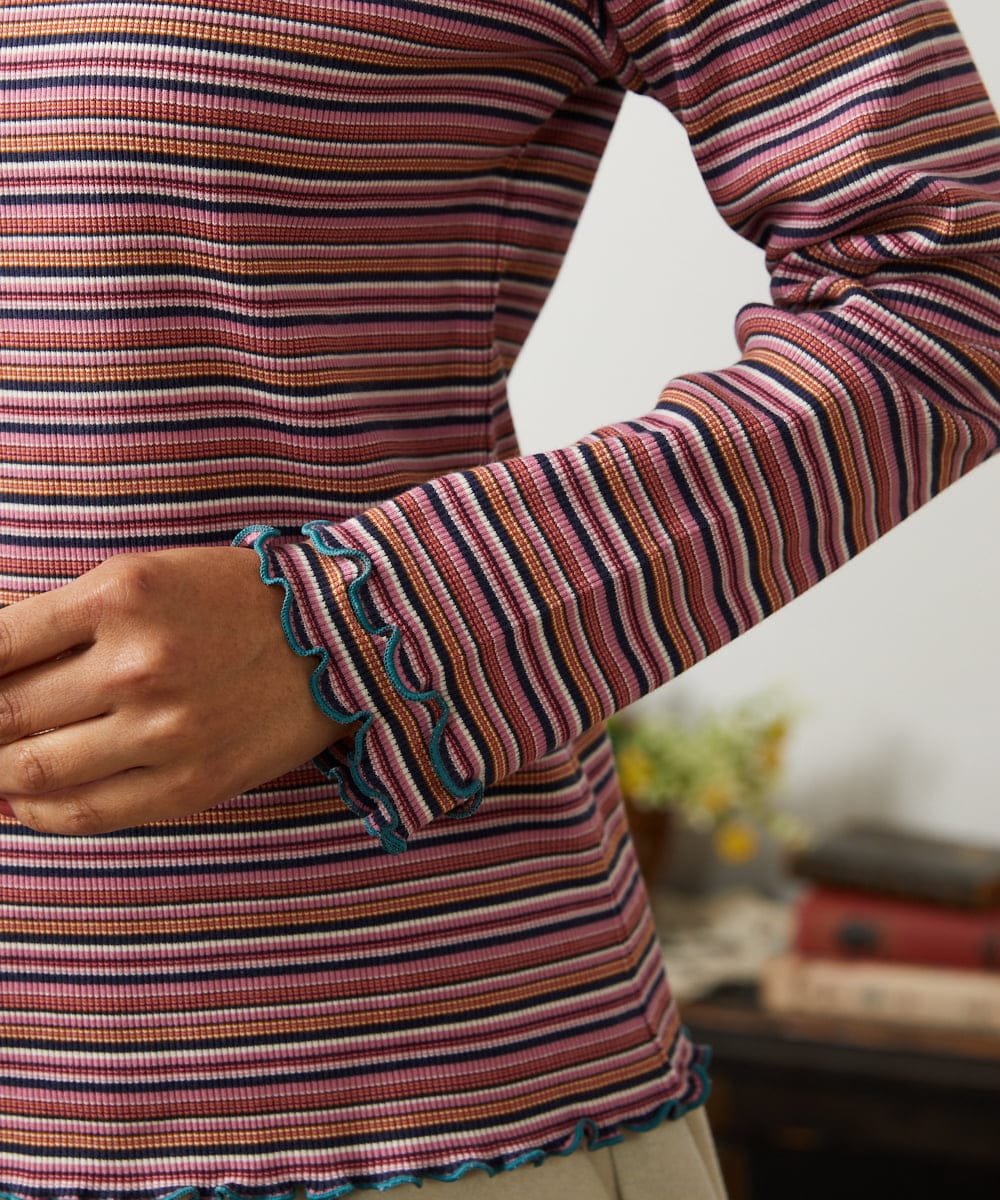 GJKCD31130 Jocomomola(ホコモモラ) Dentado ボーダーハイネックカットソー ピンク