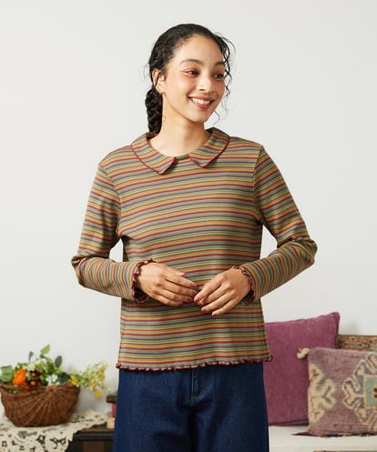 GJKCD32120 Jocomomola Dentado ボーダー襟付きカットソー