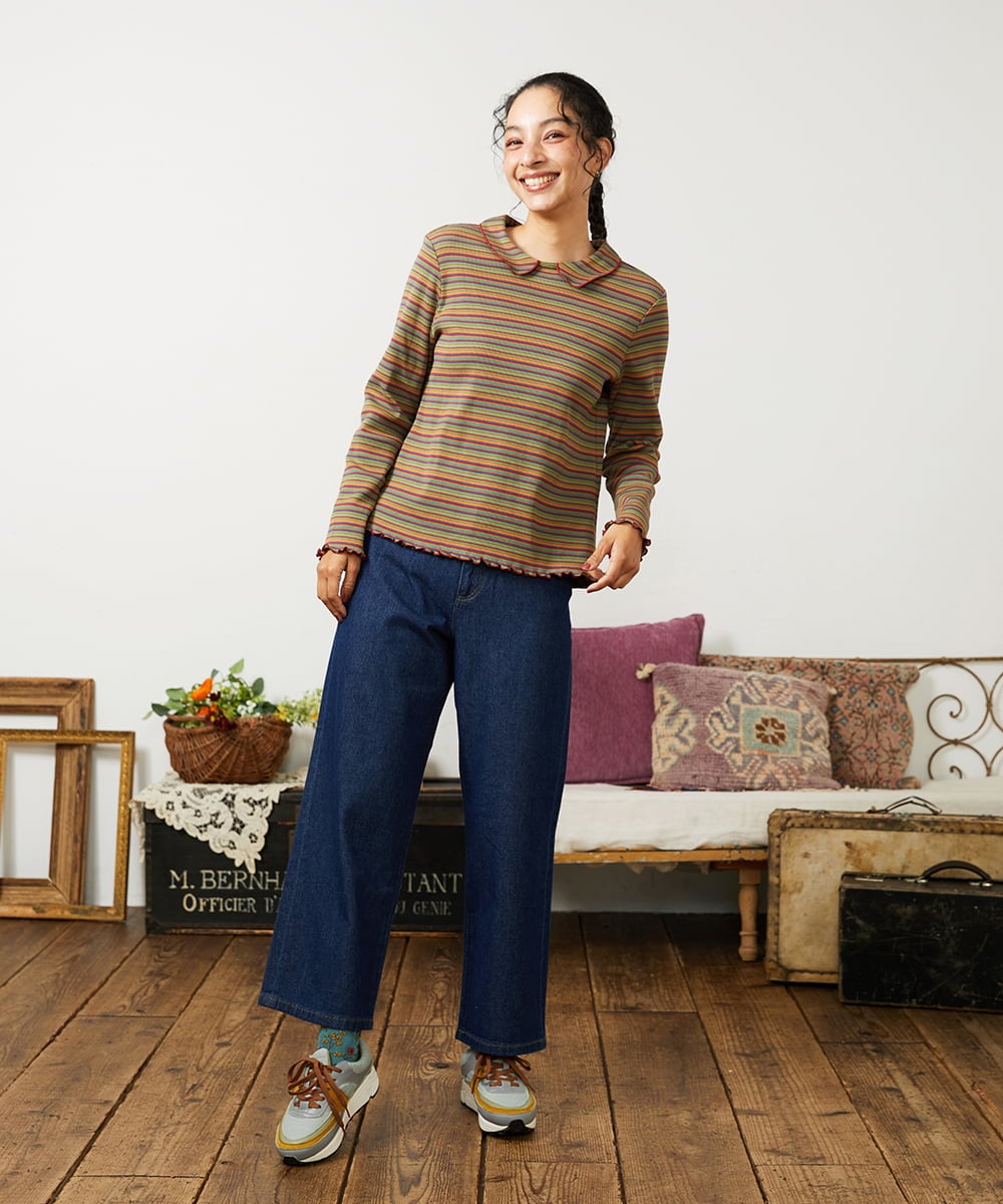 GJKCD32120 Jocomomola(ホコモモラ) Dentado ボーダー襟付きカットソー グリーン