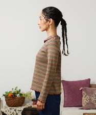 GJKCD32120 Jocomomola(ホコモモラ) Dentado ボーダー襟付きカットソー グリーン