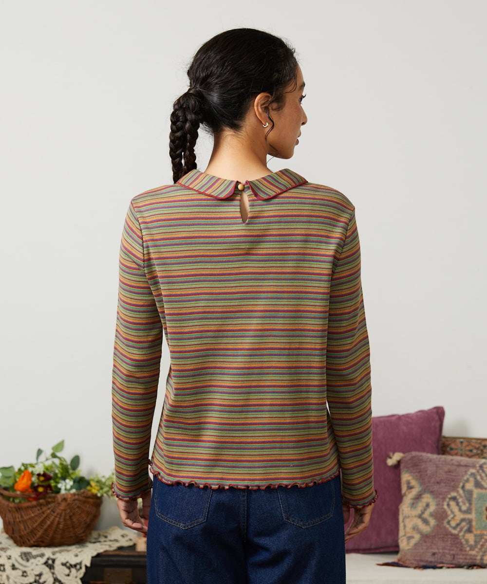 GJKCD32120 Jocomomola(ホコモモラ) Dentado ボーダー襟付きカットソー グリーン