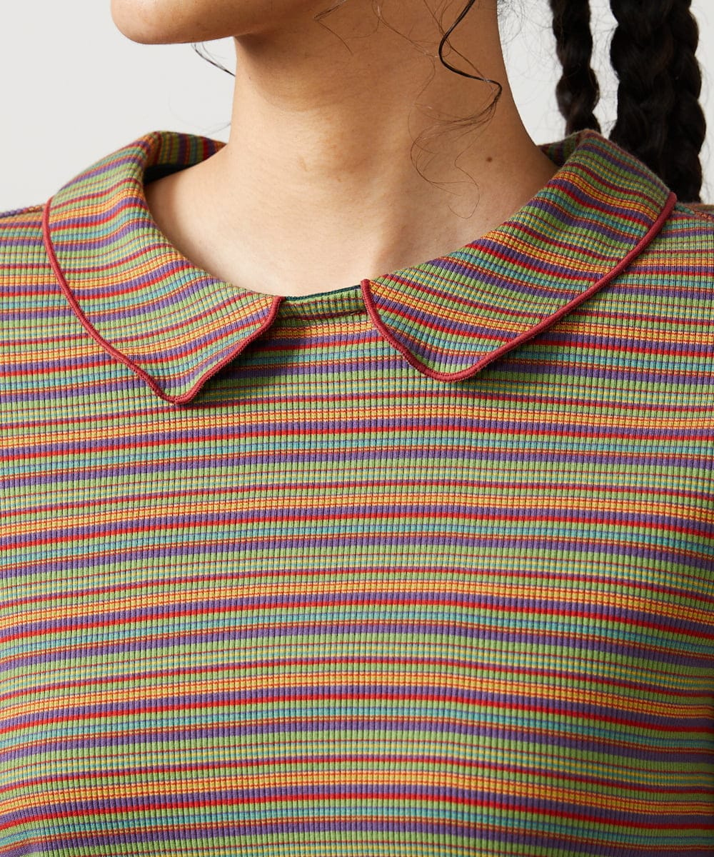 GJKCD32120 Jocomomola(ホコモモラ) Dentado ボーダー襟付きカットソー グリーン