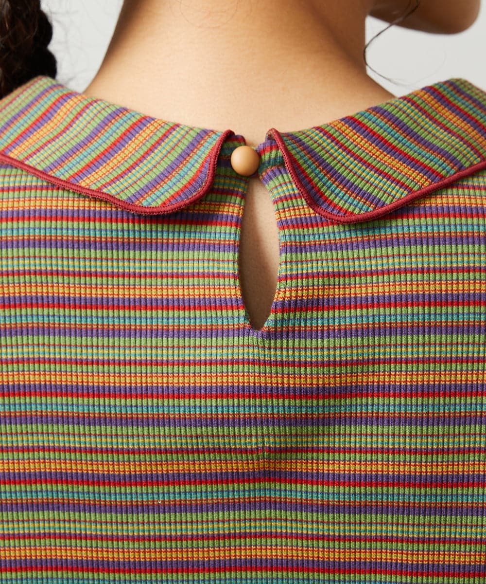 GJKCD32120 Jocomomola(ホコモモラ) Dentado ボーダー襟付きカットソー グリーン