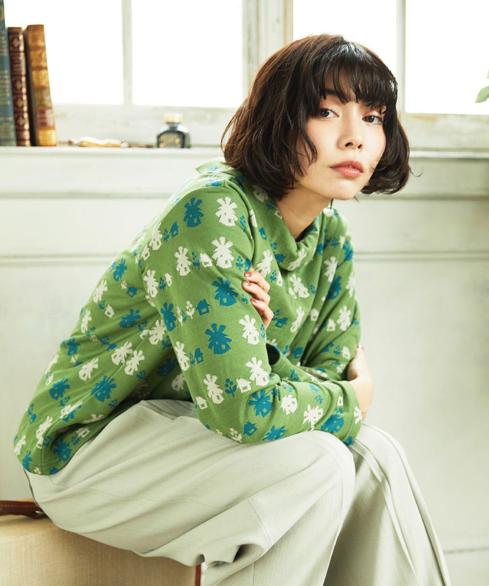 GJKCD33200 Jocomomola(ホコモモラ) Molino ロールカラーダブルジャカード総柄カットソー グリーン