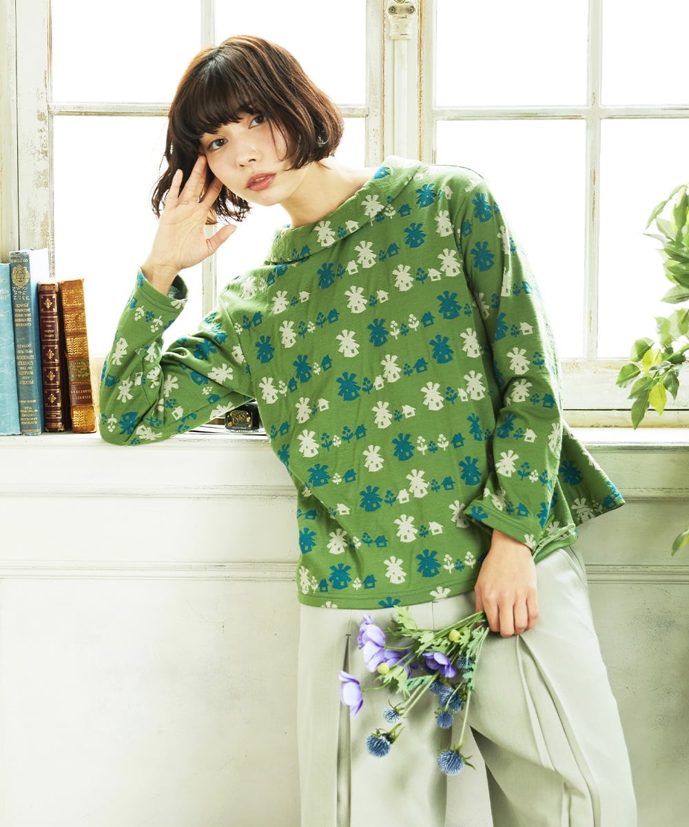 GJKCD33200 Jocomomola(ホコモモラ) Molino ロールカラーダブルジャカード総柄カットソー グリーン