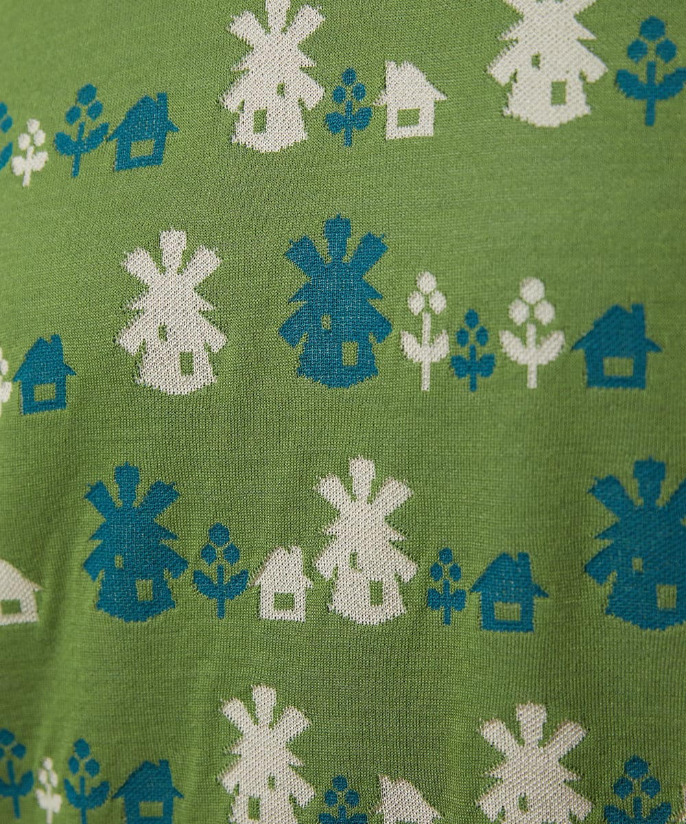 GJKCD33200 Jocomomola(ホコモモラ) Molino ロールカラーダブルジャカード総柄カットソー グリーン