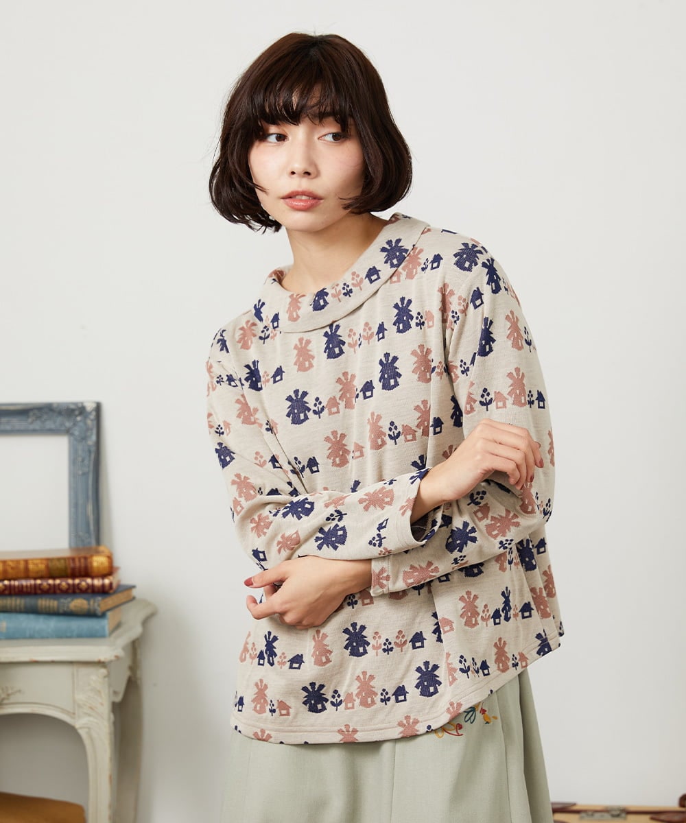 GJKCD33200 Jocomomola(ホコモモラ) Molino ロールカラーダブルジャカード総柄カットソー アイボリー