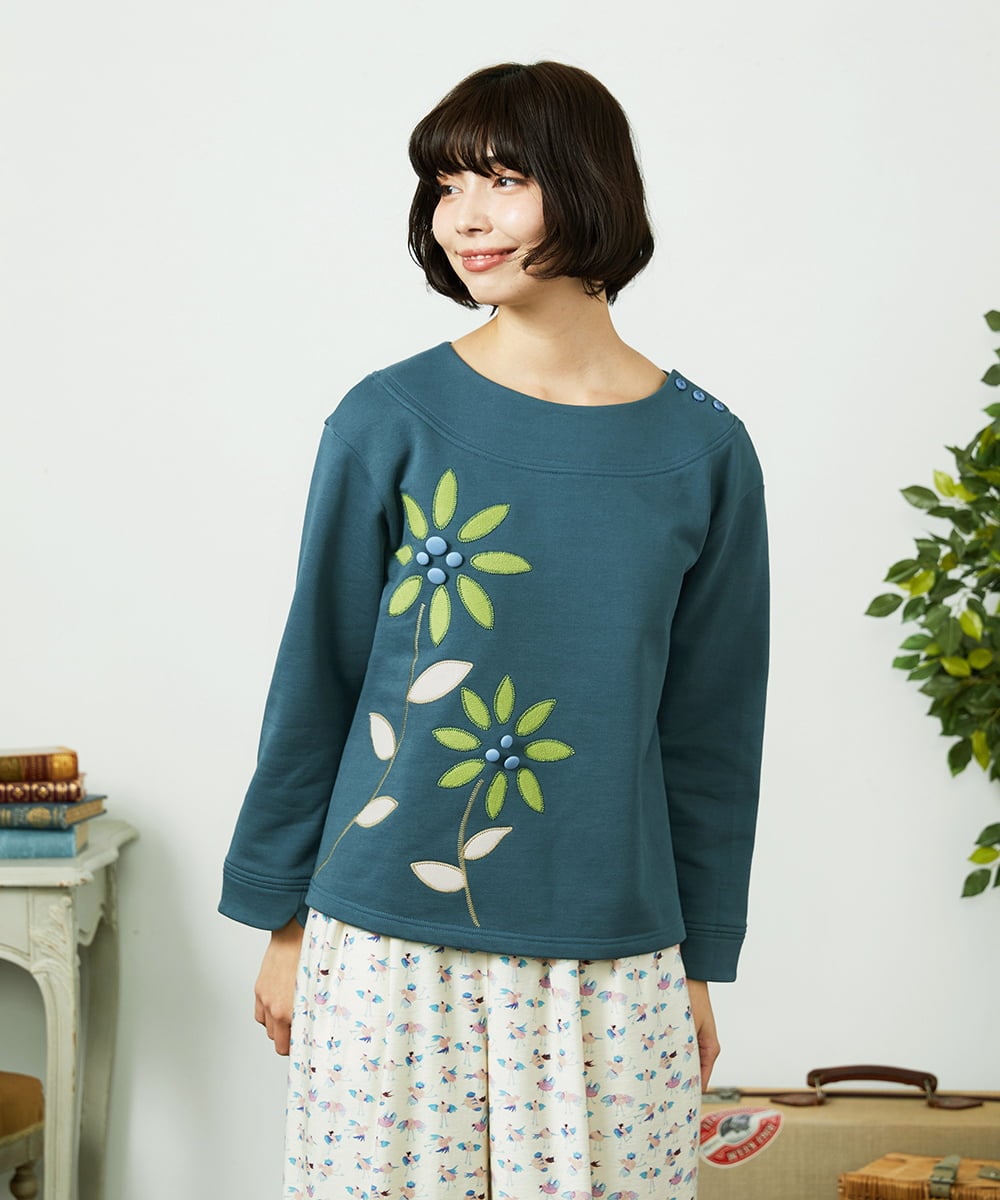 GJKDD01200 Jocomomola(ホコモモラ) Palominos flor フラワーアップリケカットソー ブルー