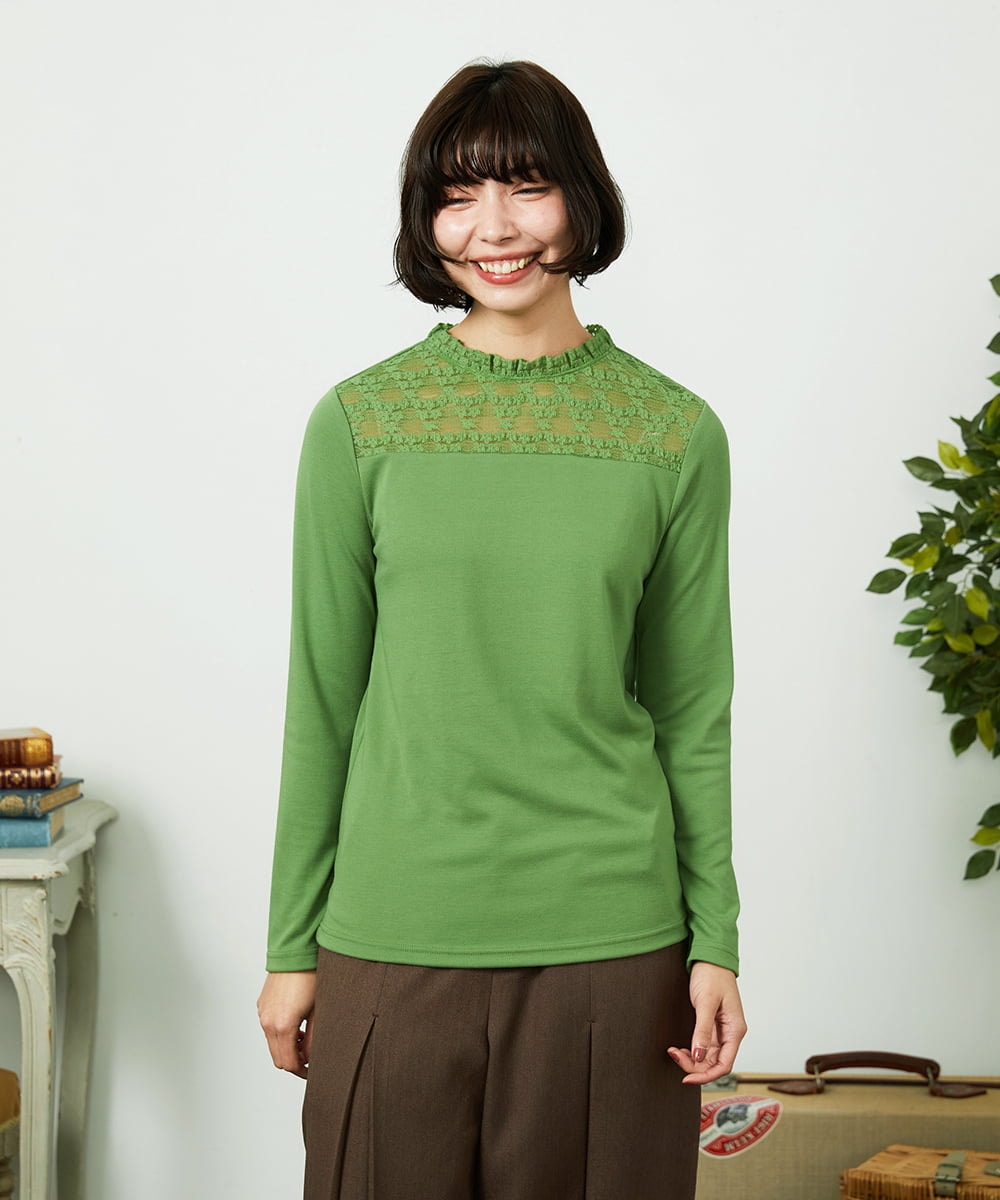 GJKDD33110 Jocomomola(ホコモモラ) ベアスムース  レース切り替えカットソー グリーン