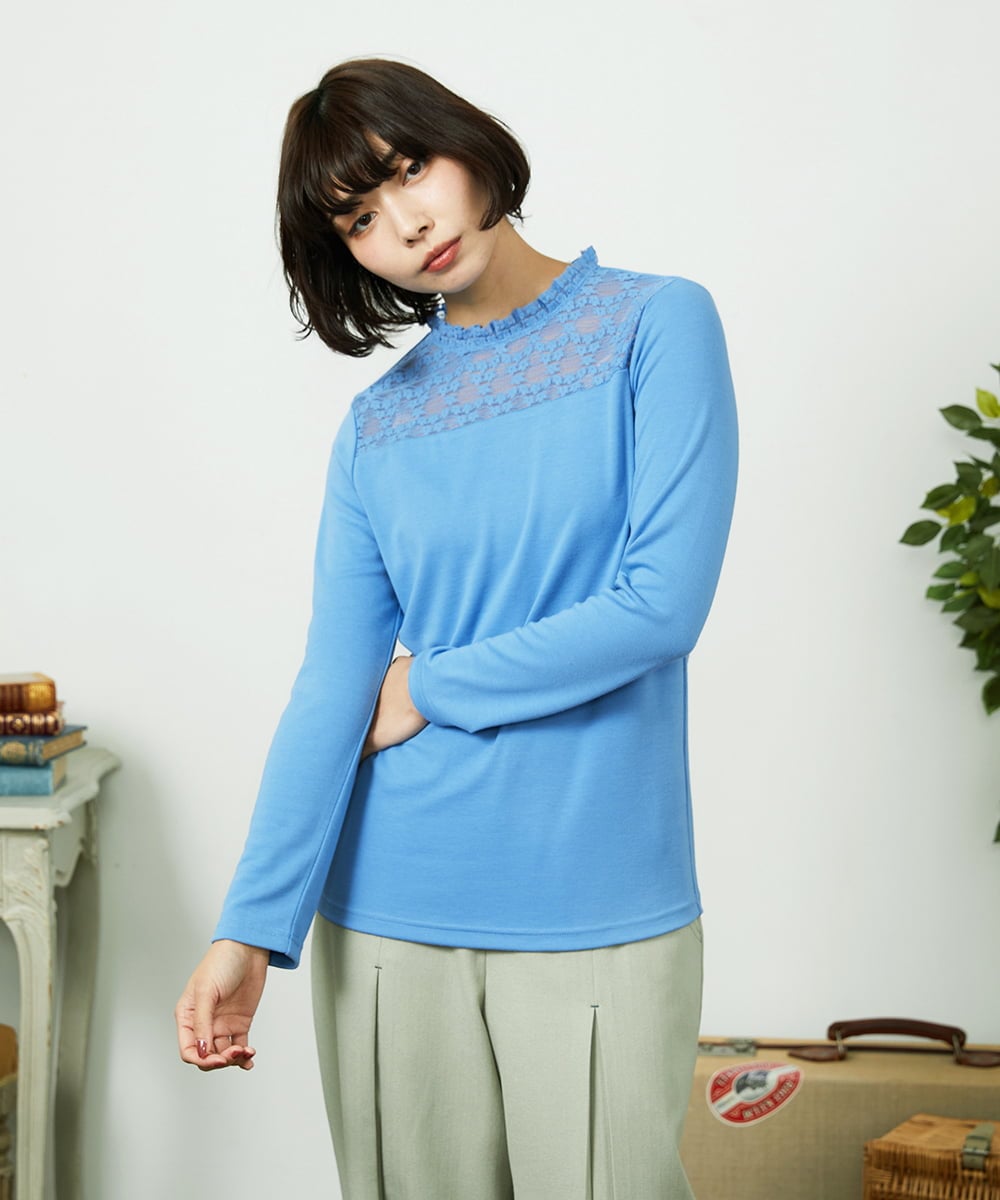 GJKDD33110 Jocomomola(ホコモモラ) ベアスムース  レース切り替えカットソー ブルー