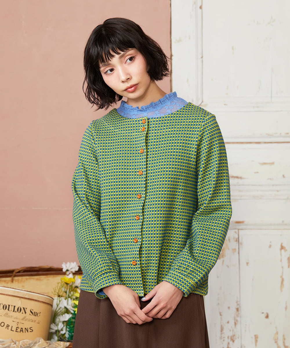 GJKDE39220 Jocomomola(ホコモモラ) 【2WAY】Encrucijada チェックジャカードカットソー グリーン