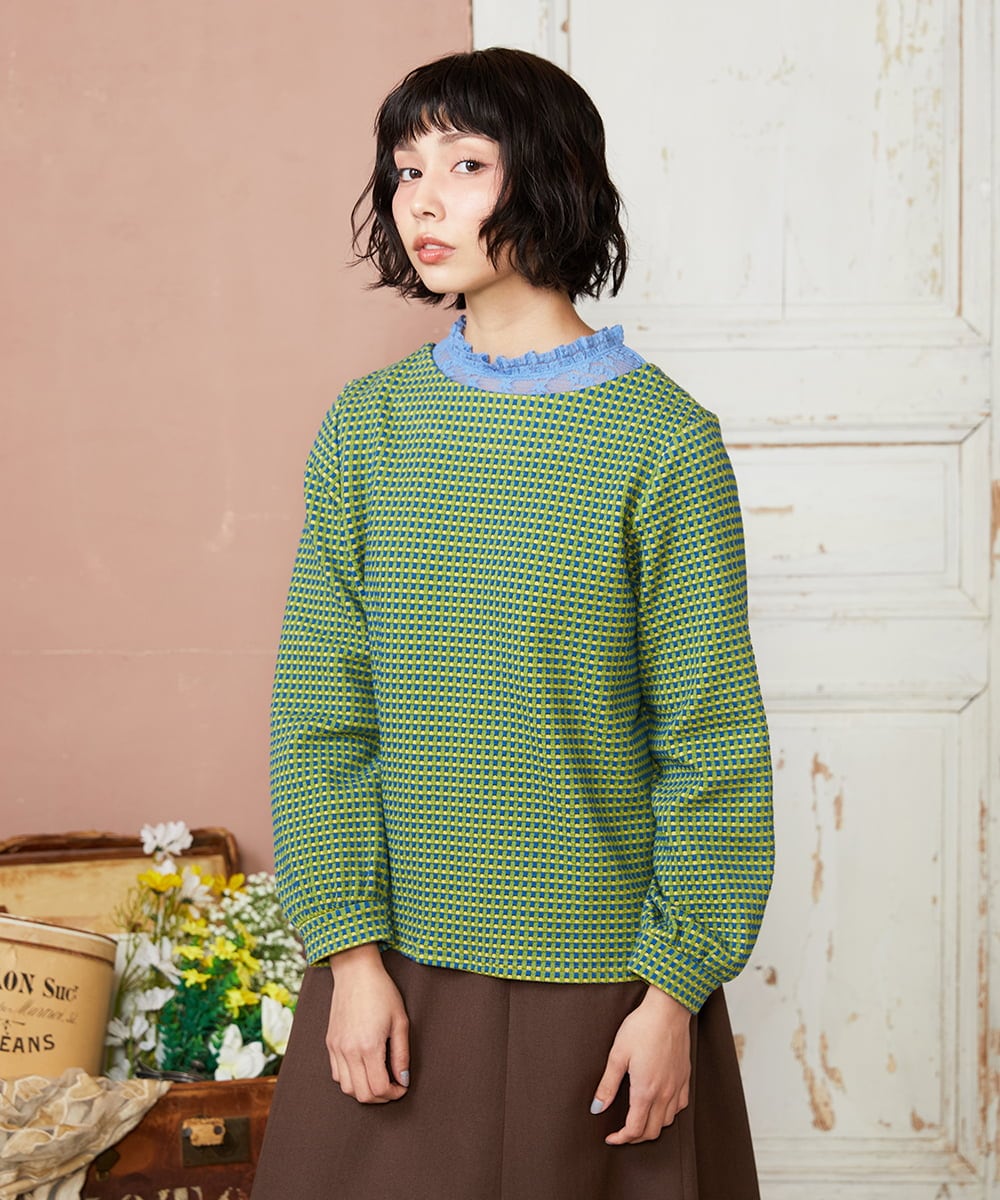 GJKDE39220 Jocomomola(ホコモモラ) 【2WAY】Encrucijada チェックジャカードカットソー グリーン