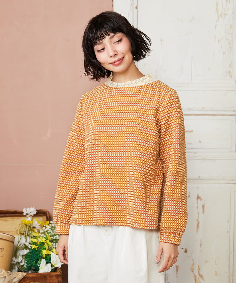 GJKDE39220 Jocomomola(ホコモモラ) 【2WAY】Encrucijada チェックジャカードカットソー オレンジ