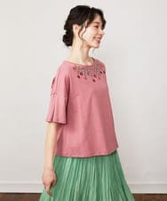 GJKFA02130 Jocomomola(ホコモモラ) Verde pera フラワー刺繍Tシャツ ピンク