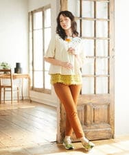 GJKFA02130 Jocomomola(ホコモモラ) Verde pera フラワー刺繍Tシャツ ピンク