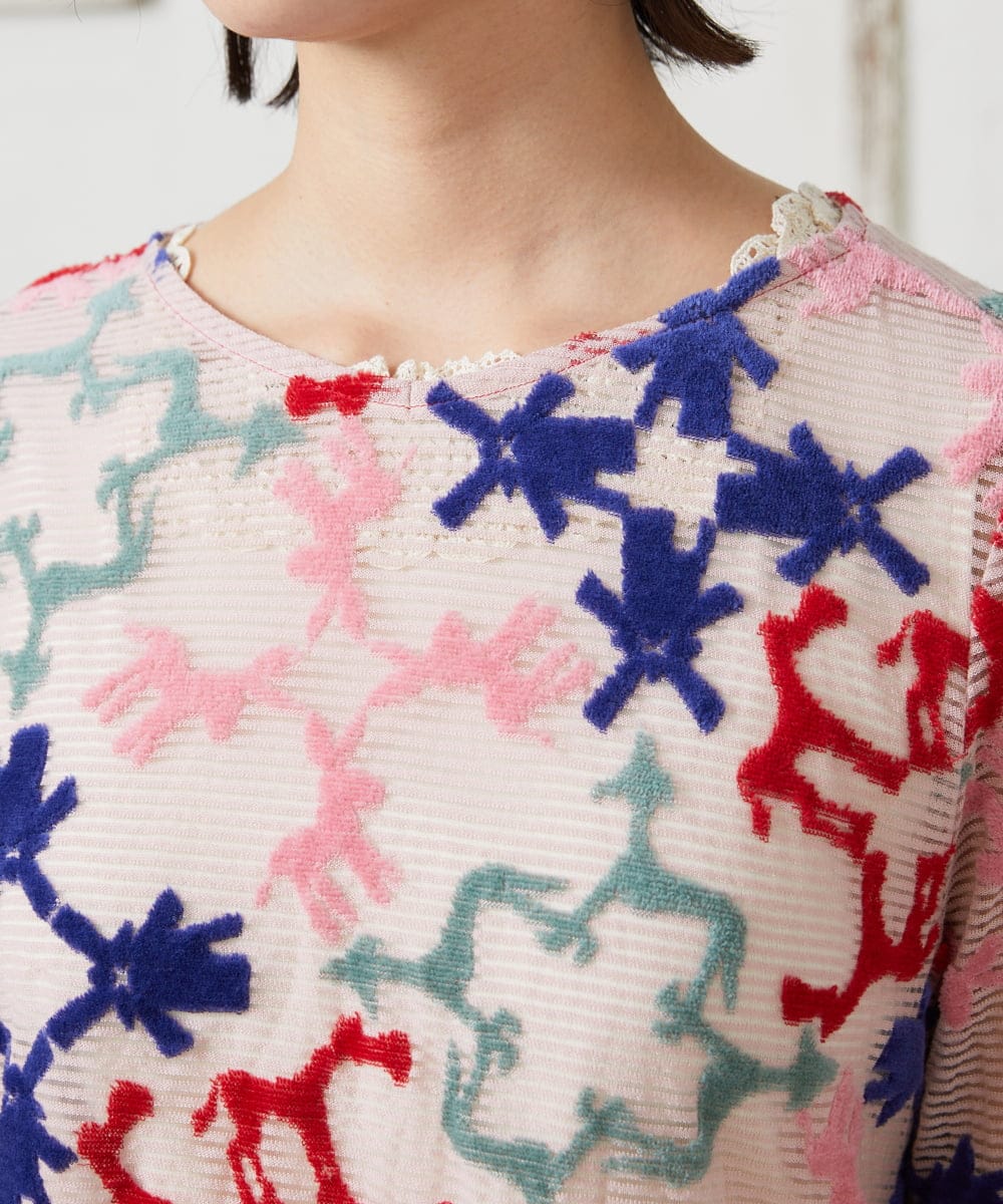 GJKFD01220 Jocomomola(ホコモモラ) Caballerias アニマルジャカードシアーカットソー ピンク