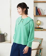 GJKFD02200 Jocomomola(ホコモモラ) Aventura セーラーカラーアニマル刺繍入りカットソー グリーン