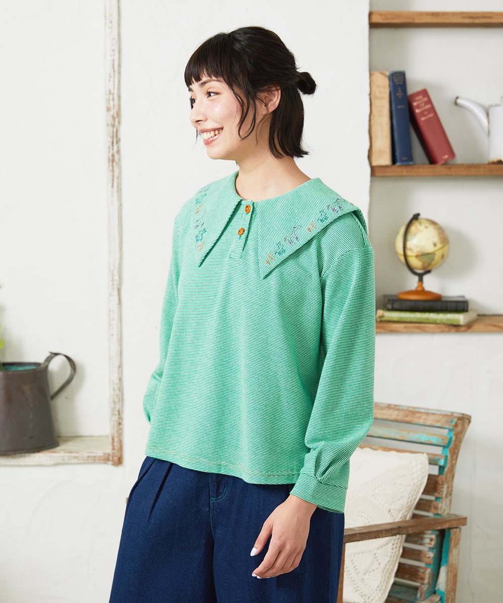 GJKFD02200 Jocomomola(ホコモモラ) Aventura セーラーカラーアニマル刺繍入りカットソー グリーン