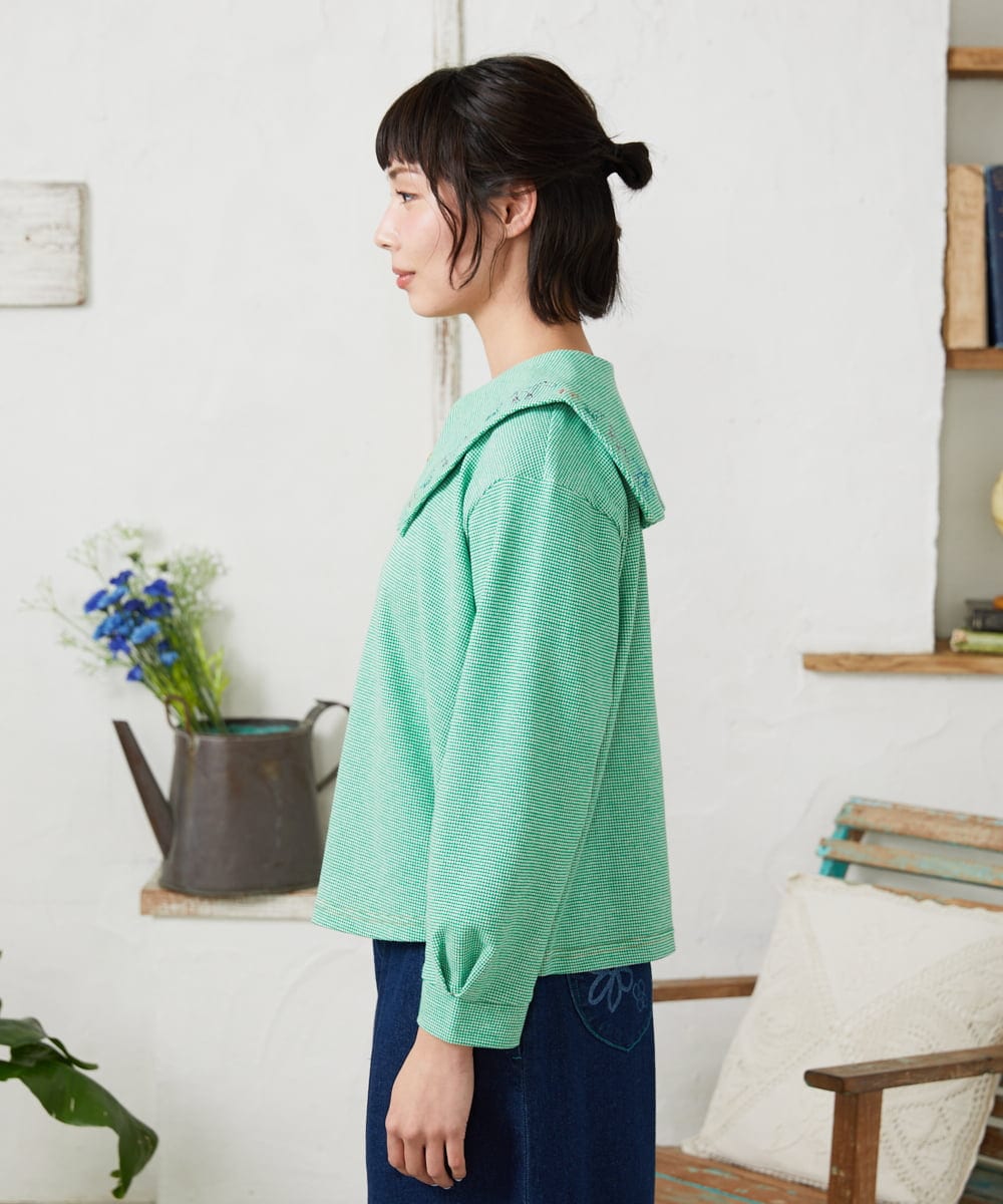 GJKFD02200 Jocomomola(ホコモモラ) Aventura セーラーカラーアニマル刺繍入りカットソー グリーン