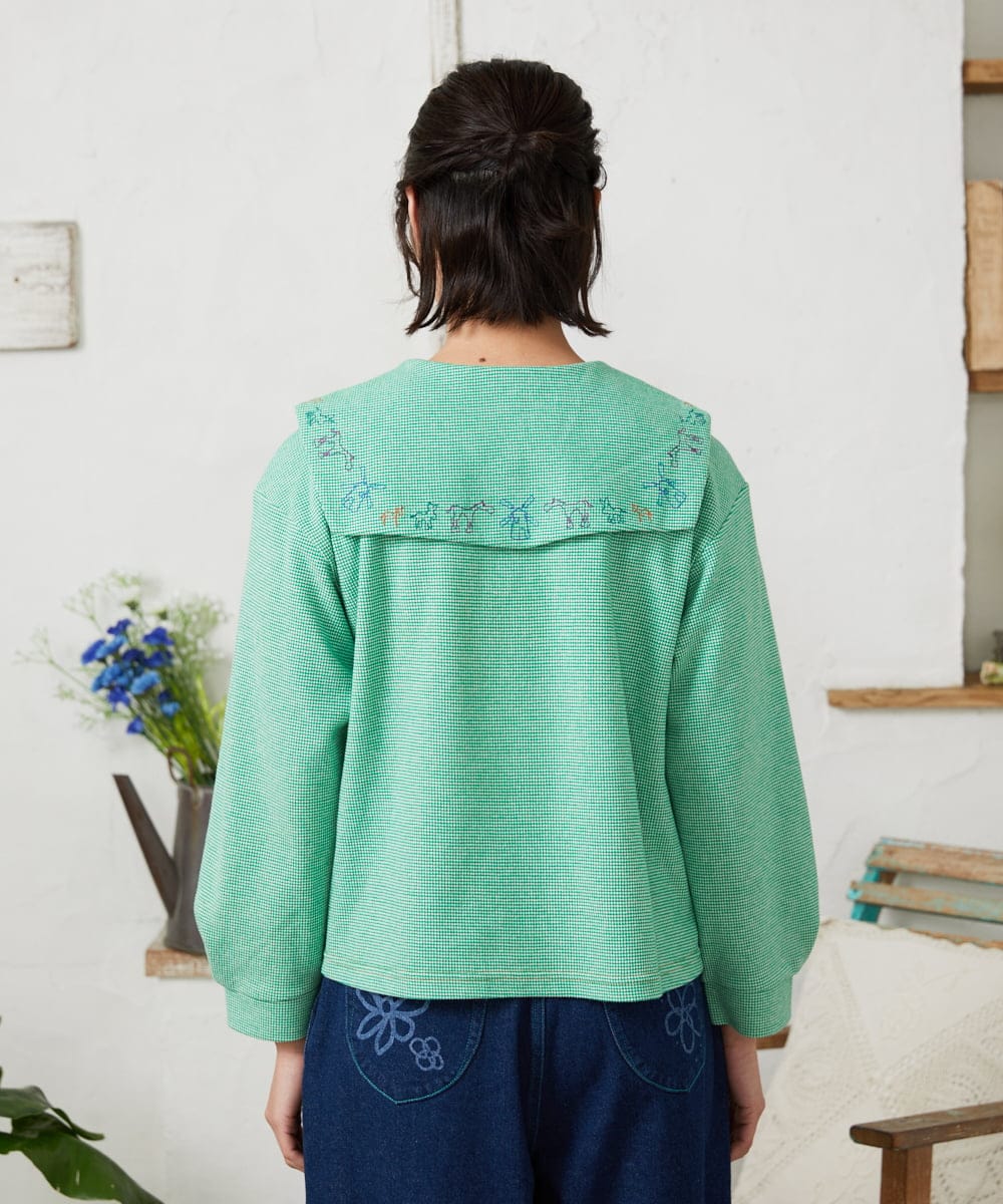 GJKFD02200 Jocomomola(ホコモモラ) Aventura セーラーカラーアニマル刺繍入りカットソー グリーン