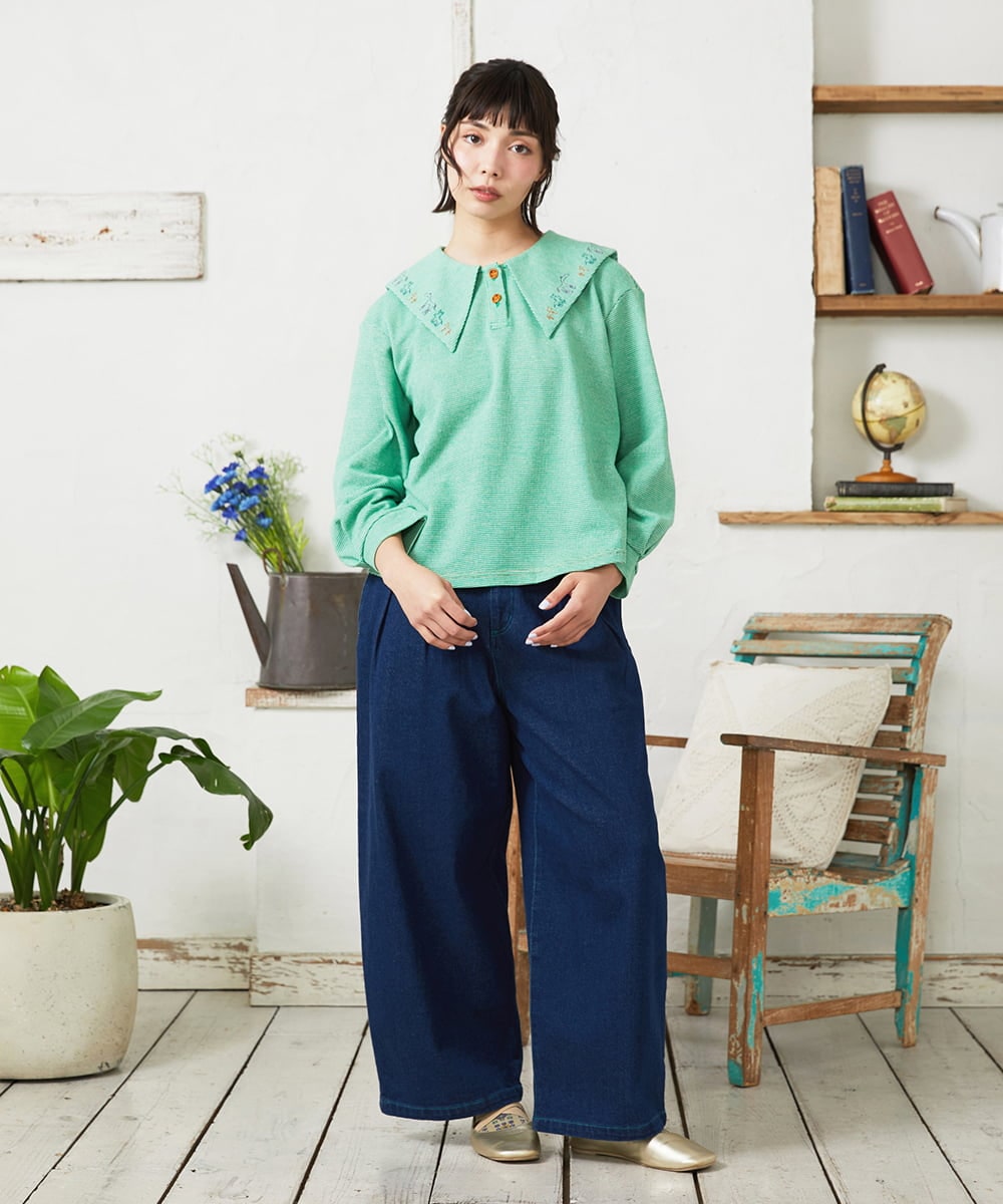 GJKFD02200 Jocomomola(ホコモモラ) Aventura セーラーカラーアニマル刺繍入りカットソー グリーン