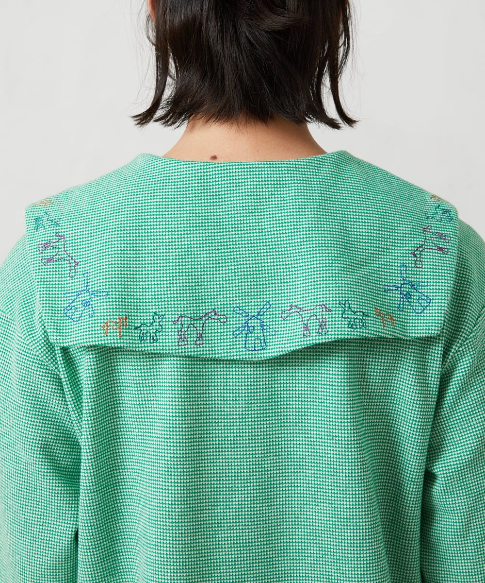 GJKFD02200 Jocomomola(ホコモモラ) Aventura セーラーカラーアニマル刺繍入りカットソー グリーン