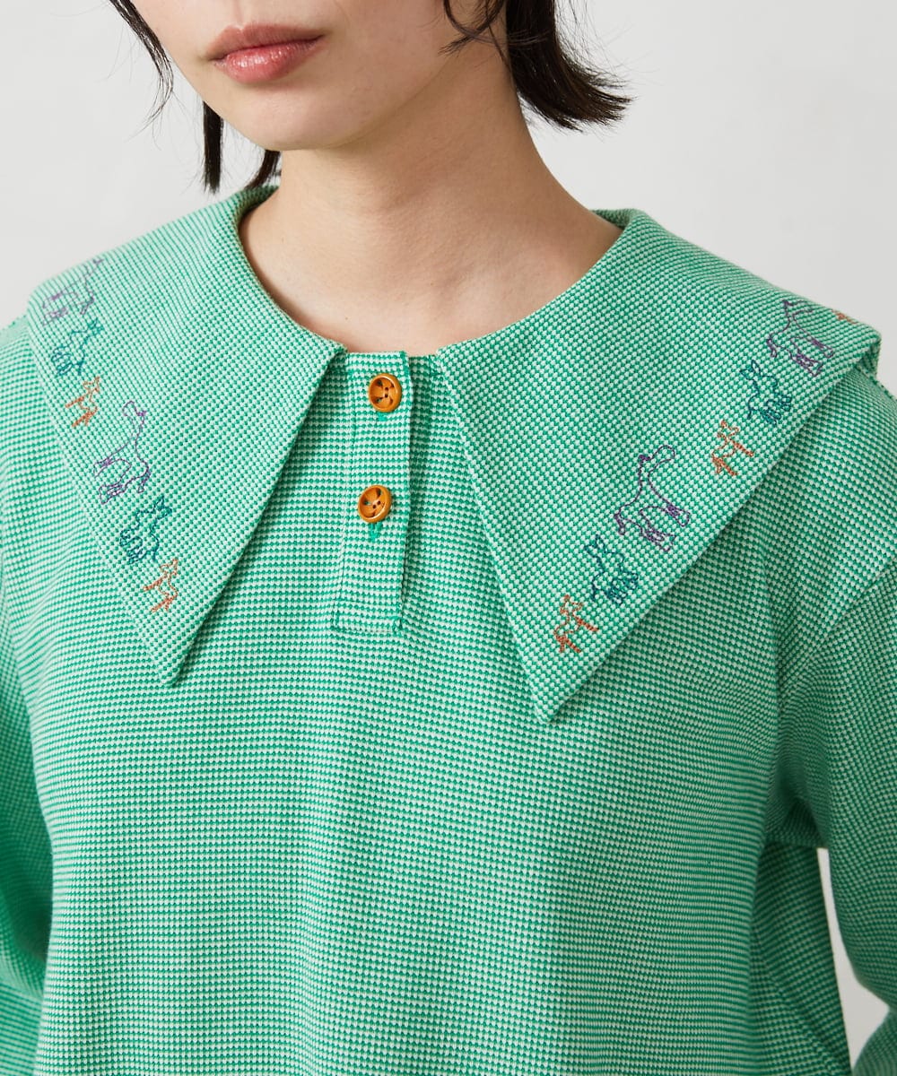 GJKFD02200 Jocomomola(ホコモモラ) Aventura セーラーカラーアニマル刺繍入りカットソー グリーン