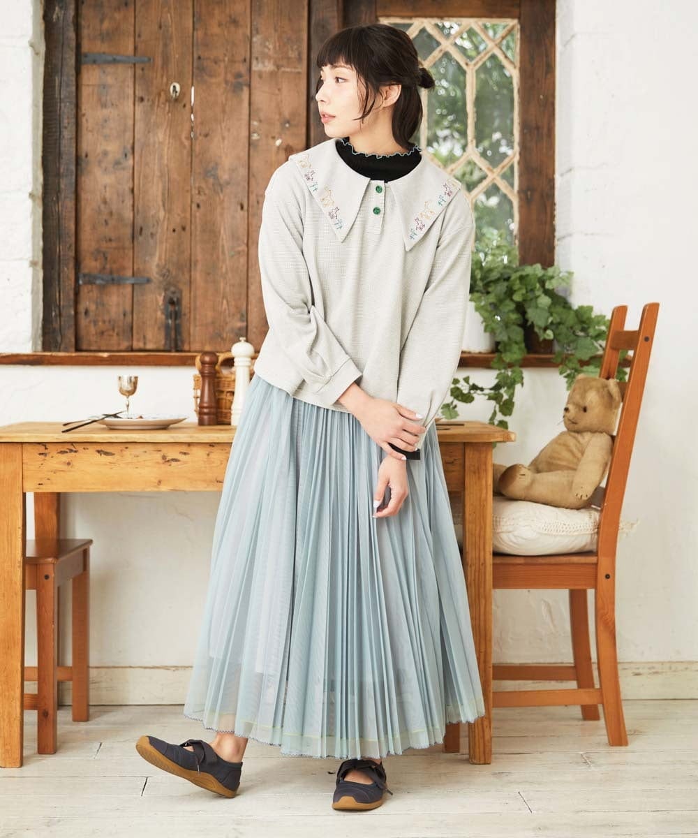 GJKFD02200 Jocomomola(ホコモモラ) Aventura セーラーカラーアニマル刺繍入りカットソー ライトグレー