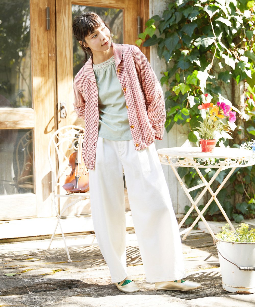 GJKFD32180 Jocomomola(ホコモモラ) 天竺フラワー刺繍カットソー グリーン