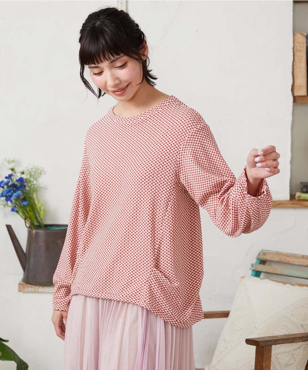 GJKFD35130 Jocomomola(ホコモモラ) ギンガムチェックカットソープルオーバー レッド