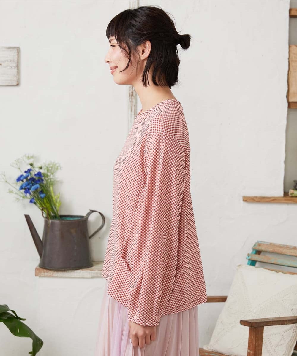 GJKFD35130 Jocomomola(ホコモモラ) ギンガムチェックカットソープルオーバー レッド