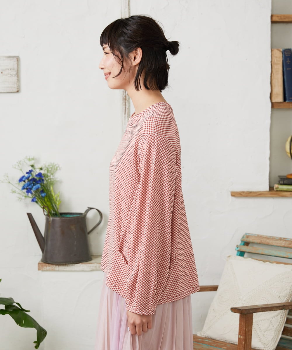 GJKFD35130 Jocomomola(ホコモモラ) ギンガムチェックカットソープルオーバー レッド