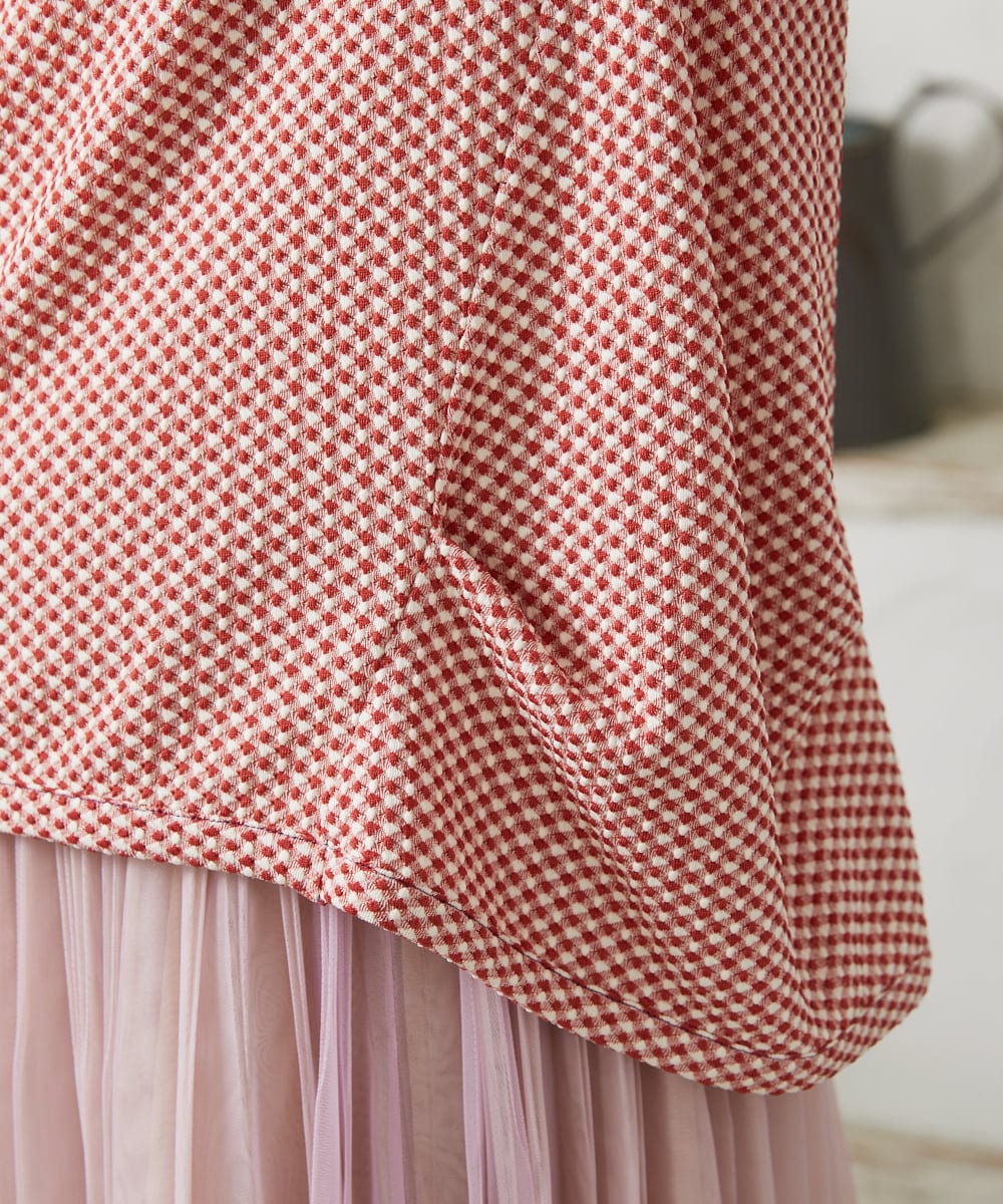 GJKFD35130 Jocomomola(ホコモモラ) ギンガムチェックカットソープルオーバー レッド