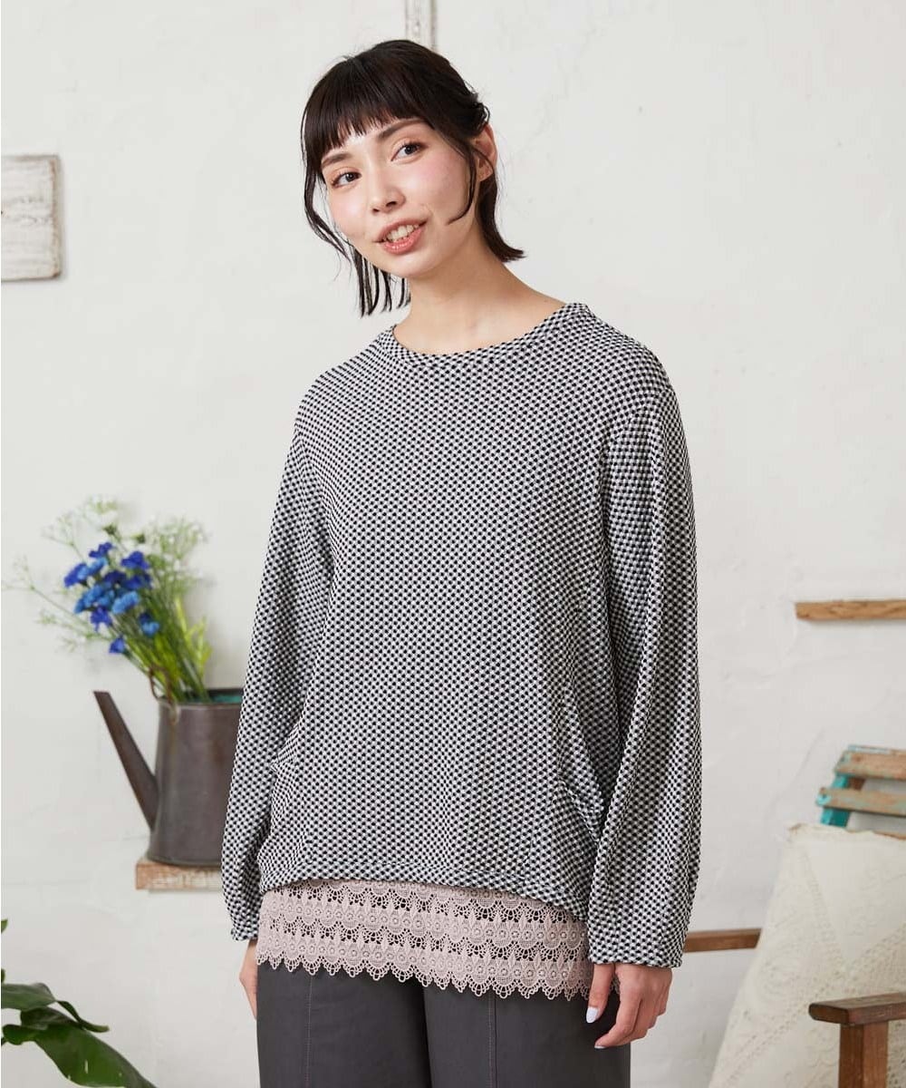 GJKFD35130 Jocomomola(ホコモモラ) ギンガムチェックカットソープルオーバー ブラック